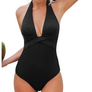CUPSHE One Piece Swimsuit Women V Neck Halter Self Tie Wrap Front  Black XS. NWT